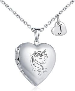 YOUFENG Unicorns Gifts for Her Love Heart Initial Letter Locket Necklace that Holds Pictures Enamel Locket Pendant Gifts for Women J