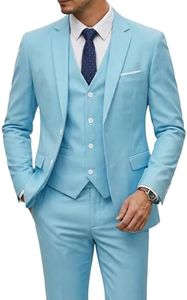 YND Men's Slim Fit 2 Button 3 Piece Suit Set, Blazer Jacket Vest Pants and Tie, Solid Wedding Dress Tux and Trousers Sky
