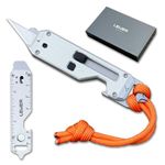 Lever Gear Edge XT - Mini Utility Knife Keychain Multitool w/ 10 Tools - Retractable Razor Blade Mini Box Cutter OTF Knife - Small EDC Pocket Knives for Men Gift Bottle Opener (Silver-orng)