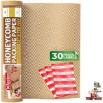 XFasten Brown Honeycomb Packing Paper for Moving 15-Inch x 118-Feet Bubble Honeycomb Wrap, Honeycomb Wrapping Paper for Packing Cushion with 30 Fragile Stickers Packaging Material