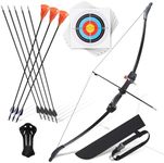 CrazyMouse Bow and Arrow for Teens Beginners Adults Longbow Kit 8 Arrows 5 Target Face Archery Recurve Bow Set Backyard Games Gift for Outdoor Sports (Black Archery Bow Set)