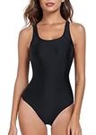 Deriwone One Piece Swimsuit Tummy Control Swimming Costume Retro Swimwear Padded Bathing Suits S,Black