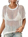 Bsubseach Women Crochet Cover Ups Hollow Out Bikini Swimwear Swimsuit Cover Up Short Sleeve Knit Beach Top Summer Outfits White