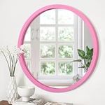 JJUUYOU Circle Wall Mirror 40 CM Round Wall Mirror for Bathroom, Barbie Pink Farmhouse Mirror Living Room Wall Mounted Wood Frame Mirror for Washroom, Bedroom, Dorm