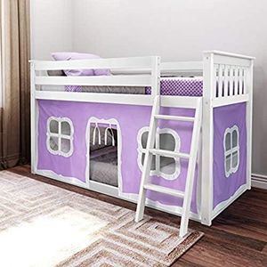 Max & Lily Low Bunk Bed, Twin-Over-Twin Bed Frame For Kids With Curtains For Bottom, White/Purple