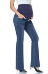 GLAMIX Women's Stretch Maternity Bootcut Jeans with Pockets Over The Belly Bell Bottoms Flare Denim Pants Pregnancy Clothes, Navy Blue, M