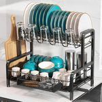 romision Dish Drying Rack and Drainboard Set, 2 Tier Large Stainless Steel Sink Organizer Dish Racks with Cups Holder, Utensil Holder, Dish Strainer Shelf for Kitchen Counter, Black