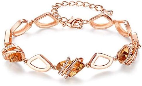 Leafael Wish Stone Link Charm Bracelet with Amber Brown Silk Color Birthstone Crystal for November, Rose Gold Plated, 7"+2"