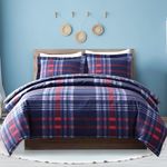 Mooreeke Kids Comforter Bed Set Queen Size for Kid Boys, 7 Pieces Bed in a Bag with Shams, Sheet Sets, Navy Red Checked Plaid Queen Soft Microfiber Kids Comforter Bedding Set