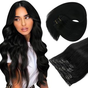 Sunny Hair Clip in Hair Extensions Straight Human Hair Clip in Extensions Remy Clip in Hair Extensions Real Human Hair Extensions Clip ins Jet Black for Women 16inch