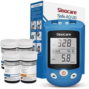 Sinocare AQ UG Medidor Glucosa en Sangre y Probador Ácido Úrico, Viene con 50 Tiras Prueba Glucosa en Sangre y 50 Tiras Prueba Ácido Úrico - mg/dL (Safe Kit 50+50)