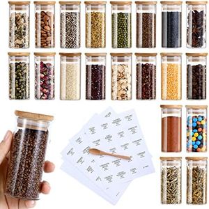 VIKEYHOME Spice Jars with Label, 20pcs 4 oz Glass Jars with Bamboo Airtight Lids, 200 Printed Spice Labels Waterproof Stickers for Seasoning Containers