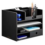 Navaris Bamboo Desk Organiser - Wooden Desktop Storage Drawers and Compartments for Organising Stationery Documents Files Office Accessories - Black