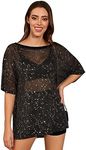 QIANXIZHAN Sparkle and Shine with Women's T Shirt Glitter Sheer See Through Sleeve Mesh Top Tee Blouse, Black Star-short Sleeve, Large