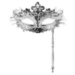 OIDEA Women's Masquerade Mask with Stick: Rhinestones Mardi Gras Venetian Mask Carnival Party Costume Ball Mask, Black Silver