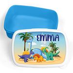 Print Maniacs Personalised Lunch Box Beach Dinosaur School Sandwich Kids Picnic Snack Food Bag Children's Travel Girls Boys Toddler Box Tub Pack Box (Blue, Add Name)