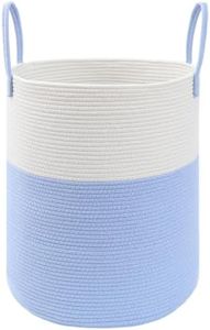 JMvicyroam Large Woven Laundry Basket Hamper,100L Cotton Rope Storage Bin for Blankets,Toys and Clothes,Decorative Tall Nursery Hamper for Living Room,Baby Nursery,Bathroom and Bedroom,White and Blue