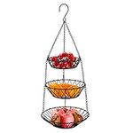 Jucoan 3-Tier Hanging Fruits Basket, Heavy Duty Wire Vegetable Fruit Storage Basket with Metal Chain, Hanging Hooks and Detachable Round Baskets for Kitchen