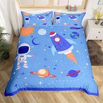 Homewish Boys Astronaut Comforter Cover Set Single Size Kids Cartoon Rocket Duvet Cover Mystery Outer Space Spacecraft Bedding Set Starry Sky Galaxy Bed Set Cosmic Planet Earth Bedroom Decor Blue