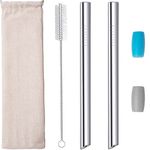 Bubble Tea Straws Boba Straw Metal Reusable Stainless Steel Straw 12mm Wide Straw for Smoothies Jumbo Milkshakes Tapioca Pearl with Silicone Tips Carry Bag Brush 2 Pcs Silver