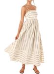 Femfady Maxi Beige Dresses for Women Smock Back Out Striped Printed Babydoll Tiered Fit and Flare Empire Waist Beachy Cute Sun Dress L