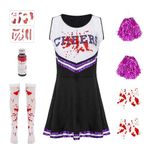 Women Cheerleader Clothes Sets Zombie Cheerleader Costume Adult with Fake Blood Halloween Fancy Dress Outfit for Halloween Parties (Black, S)