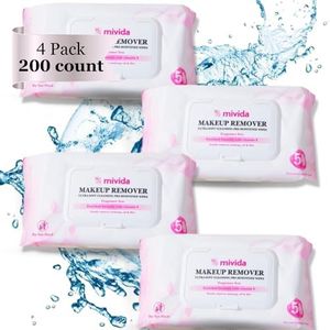 mivida Hypoallergenic Makeup Remover Wipes with Vitamin E | 4x50 count Total 200 bulk make up removing Wipes | Fragrance Free makeup wipes