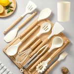 Royalkart Silicone Kitchen Utensil Set, 11 Pieces Cooking Utensil with Wooden Handles and Utensil Holder BPA Non-Stick, Heat Resistant, Kitchen Tools Set (White)