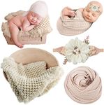 SPOKKI 3 Pcs Newborn Photography Props Outfits Set, Knitted Blanket for Baby Photo Props, Beige Elastic Wrap for Photoshoot, Flower Headband