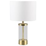 Matt Brass Metal & Clear Cylinder Glass Stem Vintage Table Desk Lamp with White Fabric Drum Shade | 33cm Height | 1 x SES E14 Lamp Bulb Required | UK Approved | Inline Switch | Modern Influence