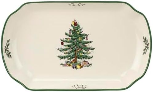 Spode Christmas Tree 11-Inch Rectangular Scalloped Tray, Stoneware Holiday Serving Platter for Appetizers, Fruits, Snacks, Desserts - Festive Tableware - Dishwasher, Microwave, Freezer Safe