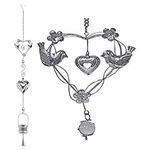 BANBERRY DESIGNS Hanging Glass Candle Holder Chimes - Birds and Heart Shape Design - Silver Filigree with a Glass Votive Candle Holder - Hanging Garden Decor - 40" H Gift for Mom