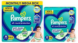 Pampers Unisex New Diapers Pants Monthly Box Pack, Medium (152 Count) & Pampers New Diapers Pants, Medium (76 Count)