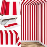 HOBBY HORSE 100 Ft x 54 Inch Red and White Striped Tablecloth Roll in Slide Cutter Box Disposable Carnival Circus Tent Party Supplies Backdrop Long Plastic Table Cover for Picnic Birthday Decor