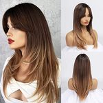 BESTUNG Long Brown Straight Wigs with Bangs for women Ombre Brown Wigs with Dark Roots Layered Heat Resistant Synthetic Wigs for Daily Use Looking Natural at Party(brown)