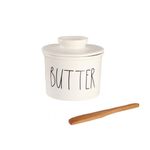 Farmhouse Butter Crock for Countertop，French Butter Keeper to Leave on Counter with Water Line,Butter Holder Dish for Fresh Spreadable Butter，3pcs Set,Ceramic,White