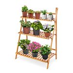 Ejoyous Bamboo Plant Flower Stand, 3 Tiers Ladder Plant Stand Foldable Plant Display Shelf Flower Pot Organizer Rack For Balcony Living Room Garden Patio Small Porch(Wood Color)