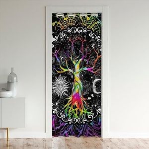 Trippy Sun And Moon Door Curtain for Doorways Privacy,Black And White Blackout Curtain for Kids, Tree Of Life Doorway Curtain, Galaxy Stars Mandala Tribal Closet Door Cover Curtain, 34"W X 80"L