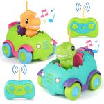 Nueplay Remote Control Car for Toddler Age 2 3 4 5, Electric RC Car Toys with Light & Music, Toddler Dinosaur Toys, Dino Figures Truck Race Car Vehicles, Birthday Gift for Boys & Girls, 2 Pack Playset