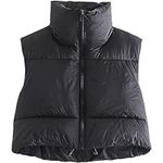 Shiyifa Women's Fashion High Neck Zipper Cropped Puffer Vest Jacket Coat, Black, Medium