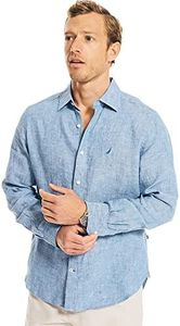 Nautica Men’s Solid Linen Long Sleeve Shirt, Bolt Blue, Medium