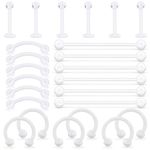 LAURITAMI 24pcs Clear Retainers Piercing Earring 16G Flexible Acrylic Bioflex Nose Lip Stud Eyebrow Septum Horseshoe Rings Body Jewelry for School