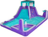 Sunny & Fun Four Corner Inflatable Water Slide Park – Heavy-Duty for Outdoor Fun - Climbing Wall, Slide & Deep Pool – Easy to Set Up & Inflate with Included Air Pump & Carrying Case