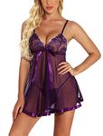 marysgift Nighties for Women Lace Babydoll Lingerie Floral Soft V Neck Mesh Chemise Sexy Halter Nightdress Ladies Nightwear Purple XL UK 12 14