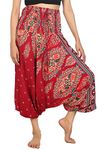 LOFBAZ Yoga Harem Pants for Women Boho Hippie Bohemian Aladdin Baggy Jumpsuit, Floral Burgundy, Small