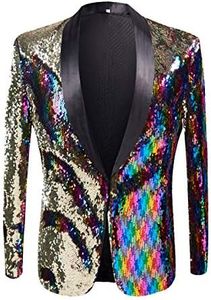 PYJTRL Men Stylish Two Color Conversion Shiny Sequins Blazer Suit Jacket (Colorful, XL)