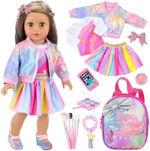 UNICORN ELEMENT American 18 Inch Doll Makeup Accessories and Clothes,Sequin Backpack Set for 18" Dolls Include Skirt Bracelet Hair Clip Phone and Makeup Sets（No Doll and Shoes