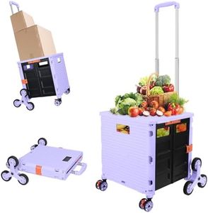 FELICON SELORSS Folding Utility Cart Portable Rolling Crate Handcart with Stair Climbing Wheels&360°Swivel Wheels Telescoping Handle Plastic Box Dolly for Travel Shop Move Office Teacher Use(Purple)