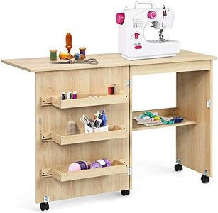GOPLUS Meuble Couture Pliante,Table Couture avec 3 Étagères et 1 Plateau Machine à Coudre,2 en 1 Bureau Pliable avec 4 Roues, Bois Armoire Peu Encombrante pour Retoucherie,Salon,117x40x74CM,Brun Clair
