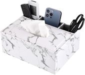 Sumnacon PU Rectangular Tissue Box Cover - Multifunctional Tissue Box Holder with Stationery Remote Control Box, Decorative Tissue Pen Remote Organizer for Home/Office/Car/Restaurant, Marble White